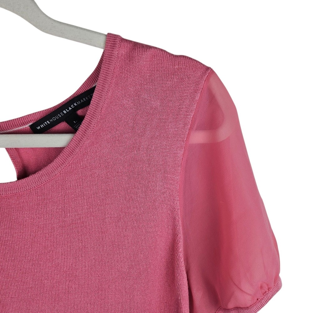 White House Black Market Womens Knit Top‎ Pink Sheer Sleeve Keyhole Back L - Picture 3 of 11